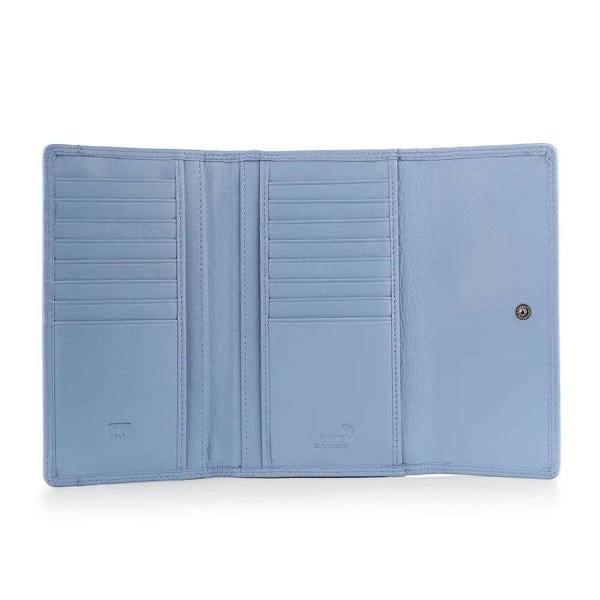 Blue wallet with multiple card slots on a white background