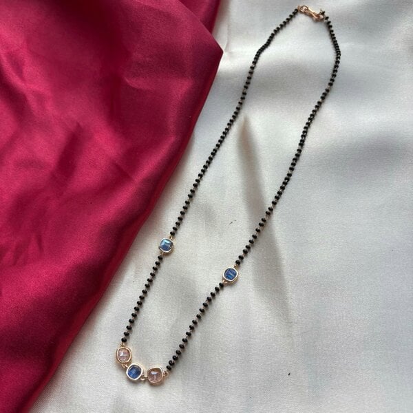 The Colourful Aura Black bead 18ct gold plated blue stone slim mangalsutra Pendant Necklace
