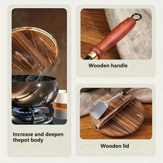 Havendro Uncoated Cast Iron Pot Wok Wooden Lid Handle Anti-Splatter Pan Soup Stock Pots