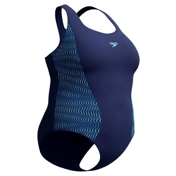 Navy blue Speedo Placement Medalist plus size swimsuit with light blue wavy patterns
