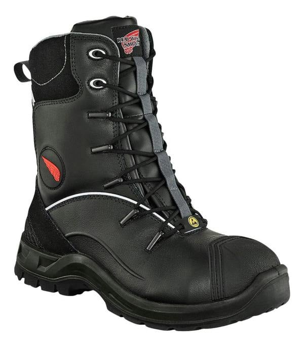 Red Wing Shoes Red Wing 3207 Petroking Mens Tall Zip Up Waterproof Safety Ankle Boots, black waterproof safety boots with lace-up design, protective toe cap, and ankle support for industrial safety.