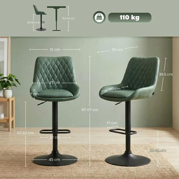Green diamond-tufted bar stool with back, swivel seat, and black adjustable base—size view