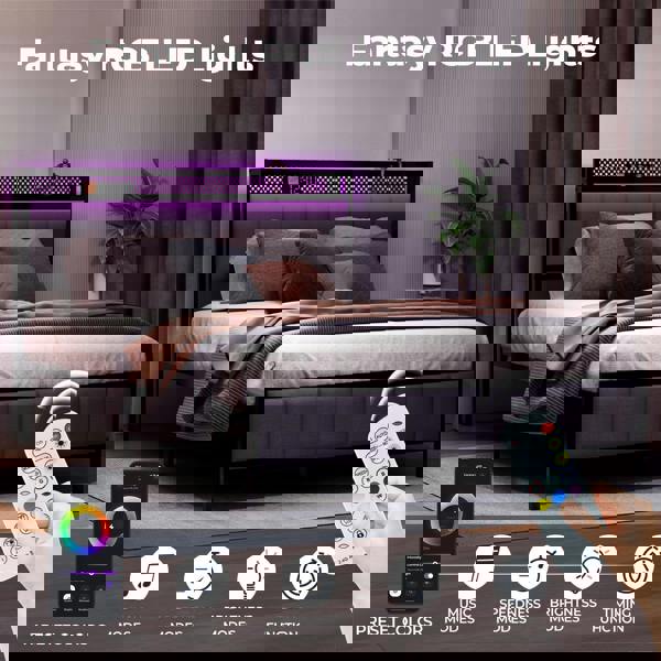 Levede Double Bed Frame Upholstered Headboard Metal Mattress Base LED Lights USB