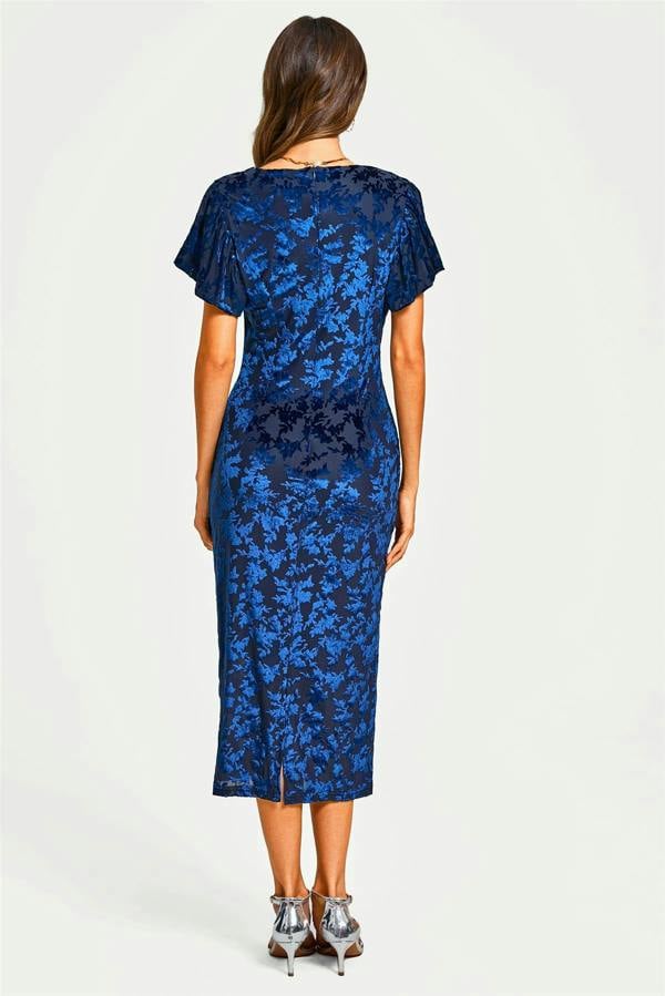 FS Collection Floral Velvet Devore Puff Sleeve Bodycon Midi Dress In Navy