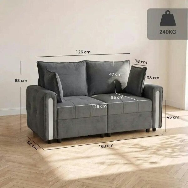 Bobobiy 2 Seater Sofa with Lift-Up Storage, 168 cm Comfy Velvet Small Couch with Wide Deep Seat, Plush Backrest, Thick Padding, 2 Pillows, Dark Grey