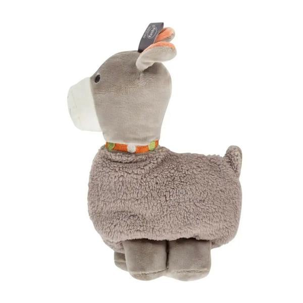 Cozy gray Lola Llama plush rapeseed heat pack with white muzzle and orange collar