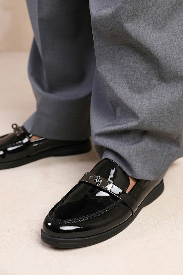 Where's That From Monaco Slip on Loafers With Metal Detailing in Black Patent