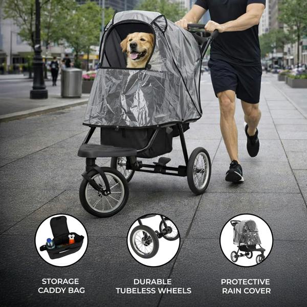 Black pet jogger with a protective rain cover, durable tubeless wheels, and storage caddy bag, featuring a happy dog inside