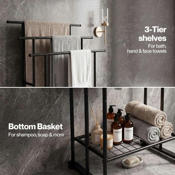 Levede Towel Rail Metal Rack With Basket 3-Tier Storage Anti-Slip Foot Black