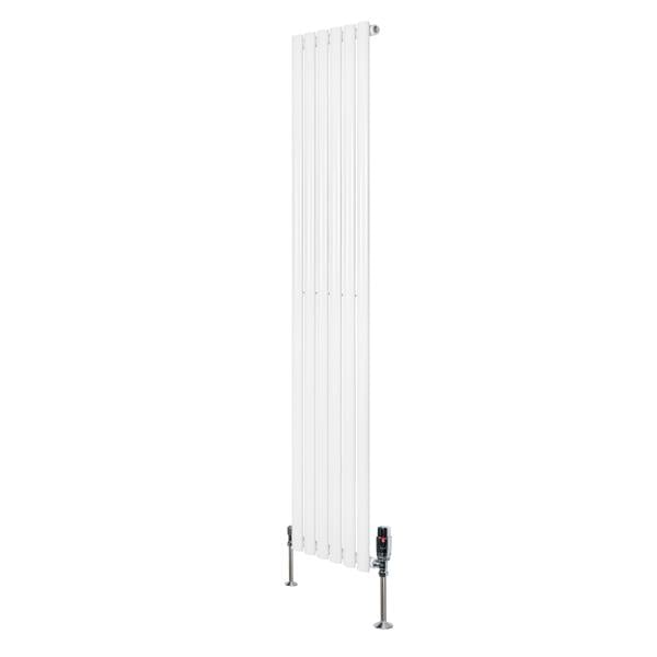 Oval single column radiator in white, measuring 1800mm x 360mm, featuring sleek vertical lines and modern valve fittings