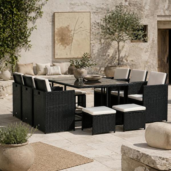 Wyld Haus Lokeha 10 Seater Black Rattan And Cream Outdoor Dining Set