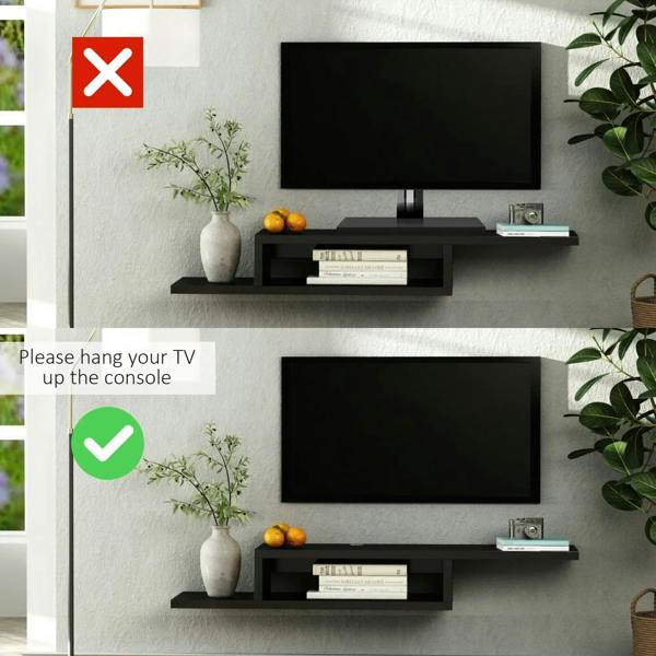 Black wall-mounted TV console with open shelf and cable pass-through