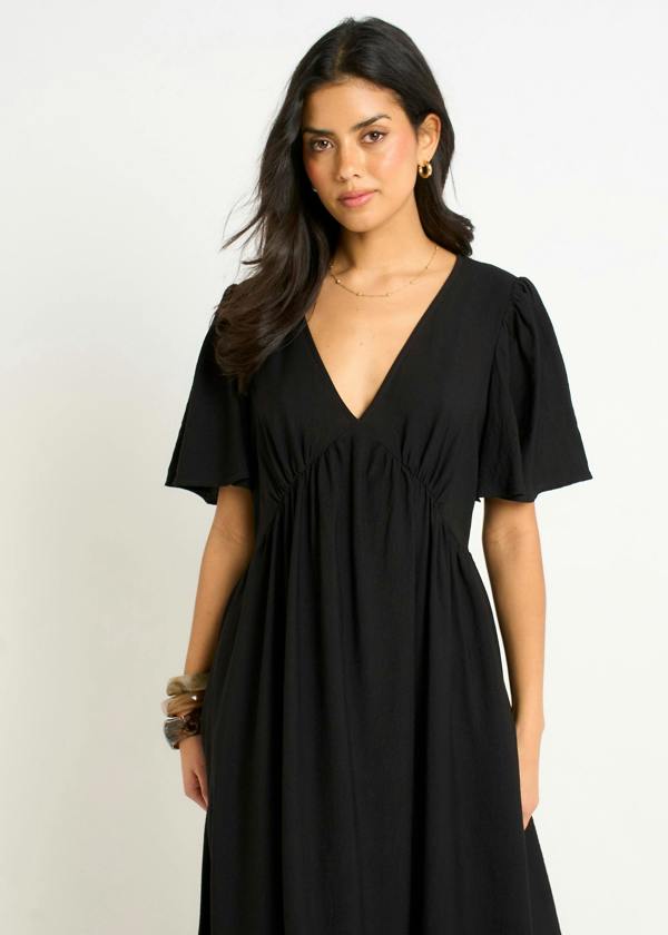 Gini London Black V Neck Angel Sleeves Skater Maxi Dress