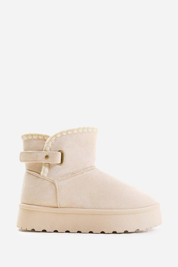 Where's That From Calla Flatform Fur Lining Ankle Boot With Velcro Fastening In Cream Suede