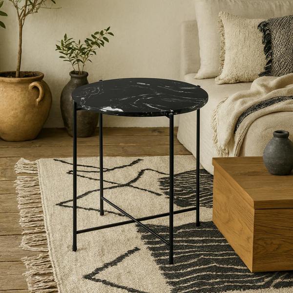 Wyld Haus Verona Round Black Marble Stone Side Table