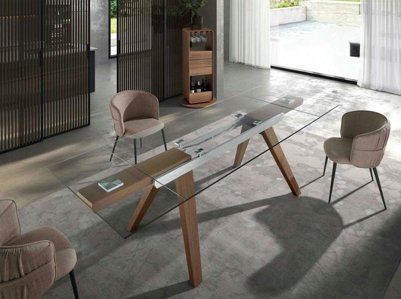 Angel Cerdá Rectangular tempered glass and walnut extending dining table 1131
