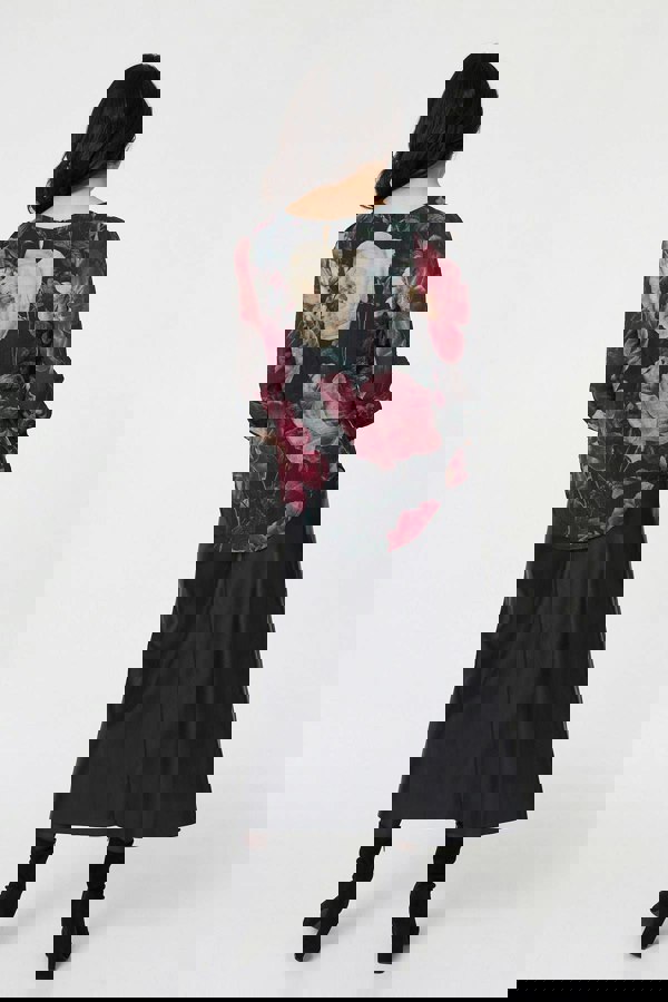 Black | Floral Long Puff Sleeve Pleated Blouse
