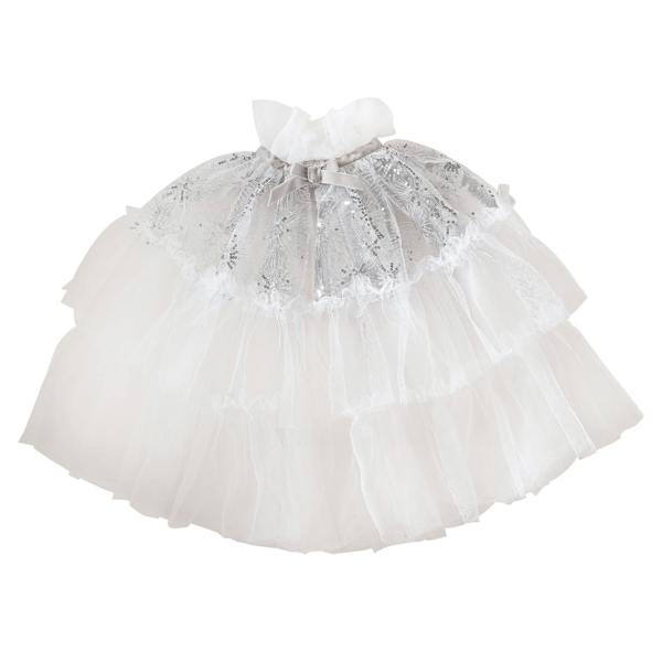 White tulle winter fairy dress-up cape with silver sequin snowflakes hanging on a white hanger.