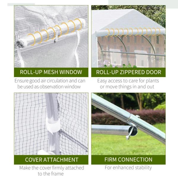 White greenhouse cover with roll-up mesh window and roll-up zipped door