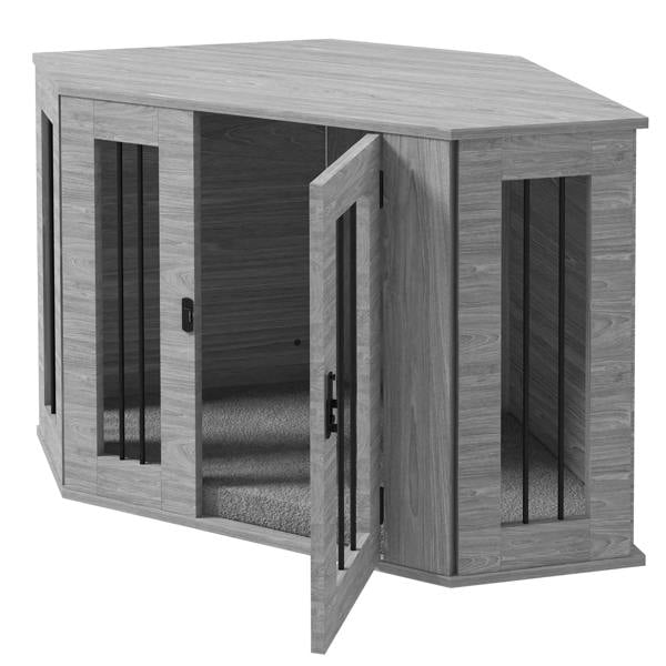 Grey dog crate furniture with open door, black barred panels, and side access