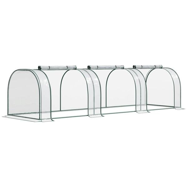 Small clear mini greenhouse polytunnel with arched steel frame and open front section