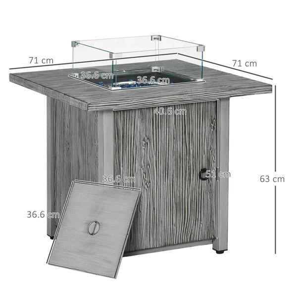 Grey gas fire pit table with glass screen and hinged access cover, size dimensions shown