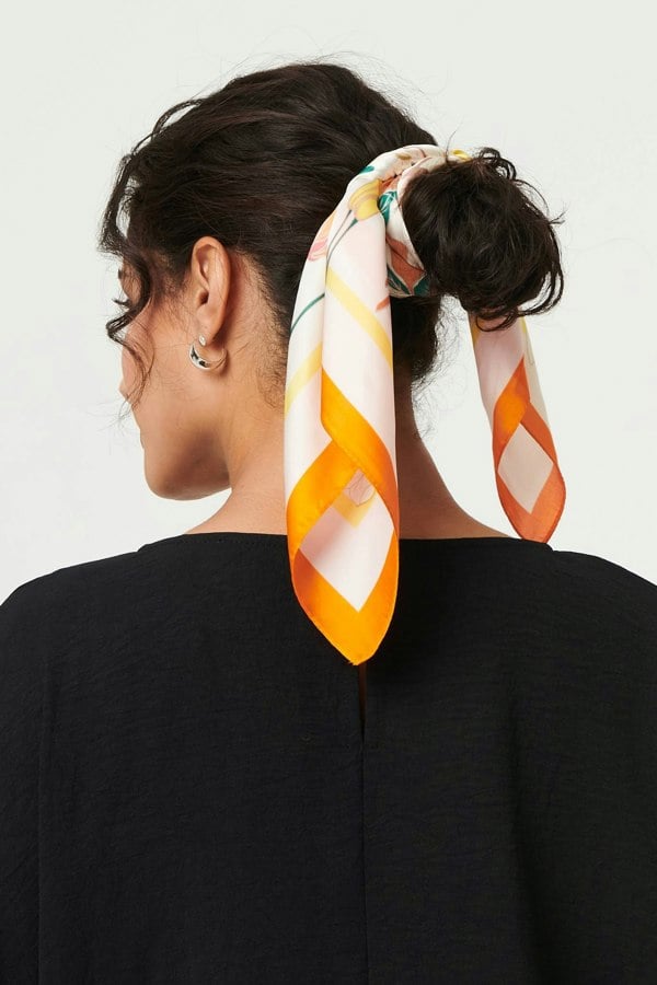 Orange | Floral Border Print Slim Square Scarf

