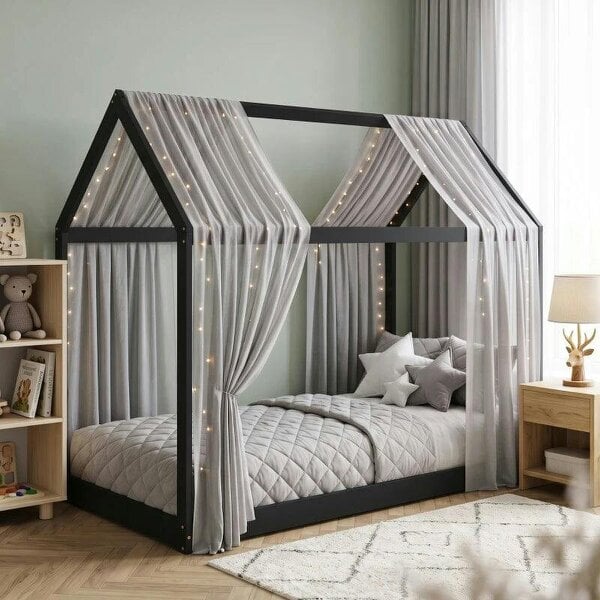 Single Bed Frame, House-Scandinavian-Style Wooden Bed Frame for 90W x 190D cm Mattress, Black