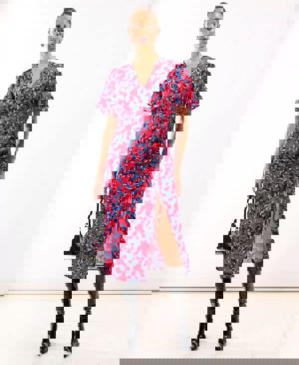 Red Floral Wrap Midi Dress