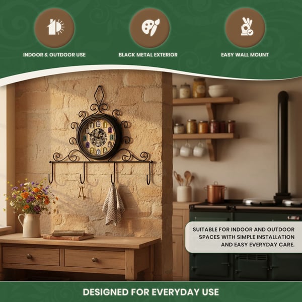 Clock with Coat Hooks, Single-Sided Wall-Mount Design for Indoor or Outdoor Use, Black Metal Finish, 15cm Clock Face