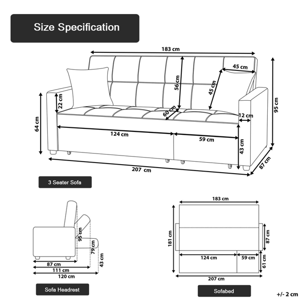 SQUAREBOXX Malthe Linen Fabric 3 Seater Pullout Sofa Bed in Light Grey
