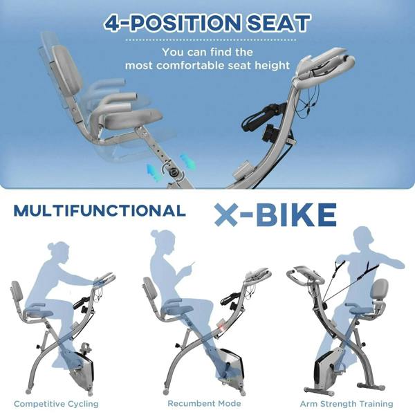 Grey exercise bike seat and backrest with multi-position adjustment