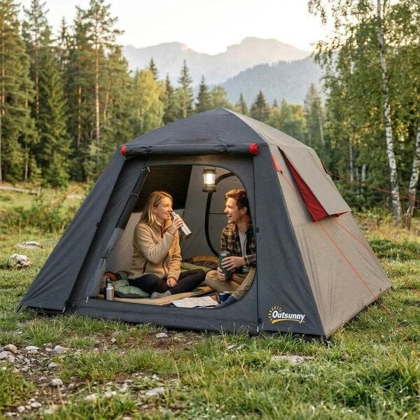 Camping Tent 3000mm Waterproof Tent with 2 Doors, Dark Grey and Red - Dark Grey