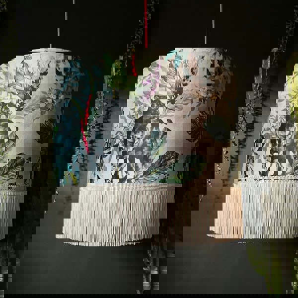 Handmade Fringed Velvet Lampshade in Dust Grey and Cloud Grey Fringing