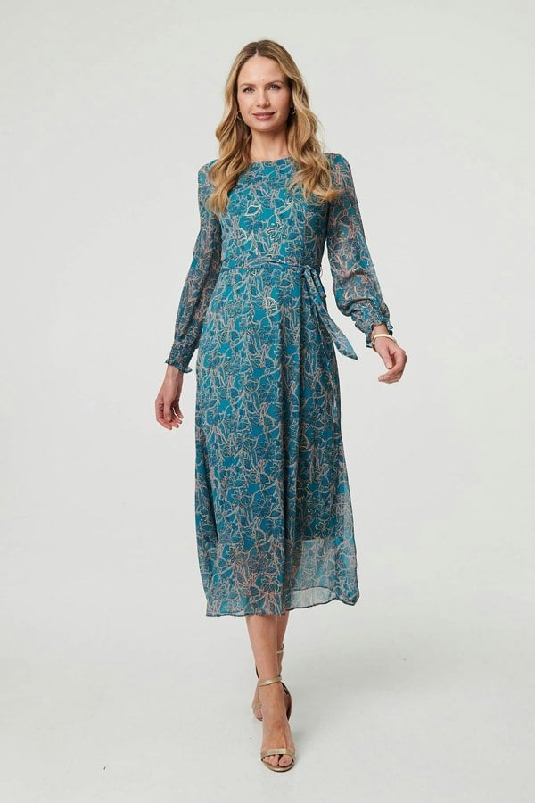 Teal | Printed Tie Waist Layered Midi Dress
