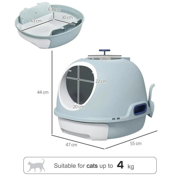 Blue enclosed cat litter box with removable top tray and circular front entry opening