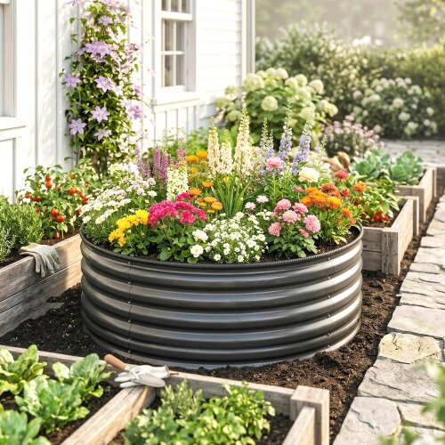 Outsunny Galvanised Planter with Gloves, 120 x 120 x 43cm, Dark Grey