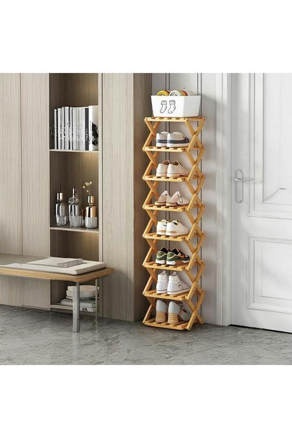 Living and Home 9 Tier Bamboo Folding Shoe Rack Shoe Storage Organiser - Natural