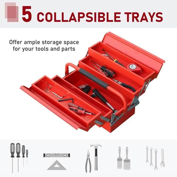 Red metal tool box with collapsible trays, open storage compartments