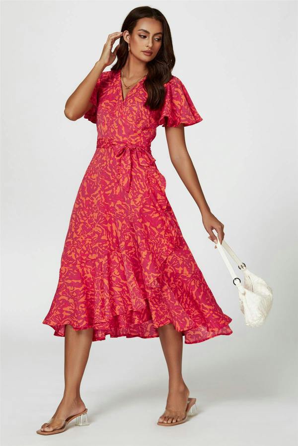 FS Collection Abstract Print Midi Wrap Dress In Fuchsia