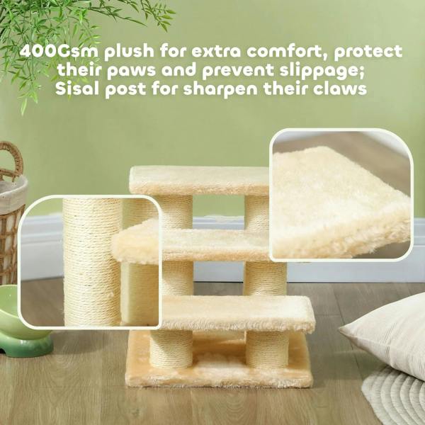 Beige 3-step pet stairs ladder showing plush step pads and sisal-wrapped columns