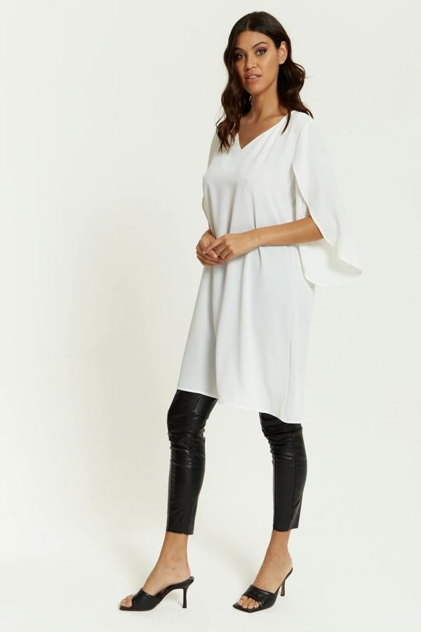 Hoxton Gal Oversized V Neck Tunic with Split Sleeves in White