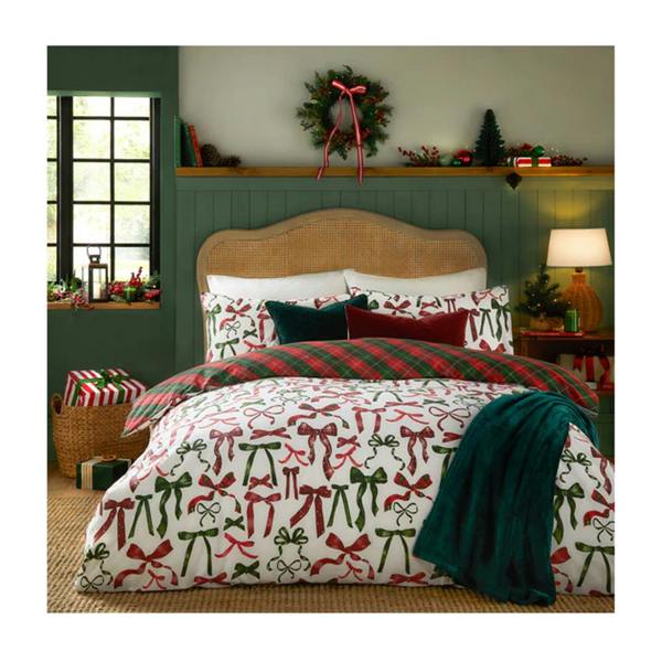 Furn Nathalie Festive Bows Printed Duvet Cover Set - Berry/Pine - 