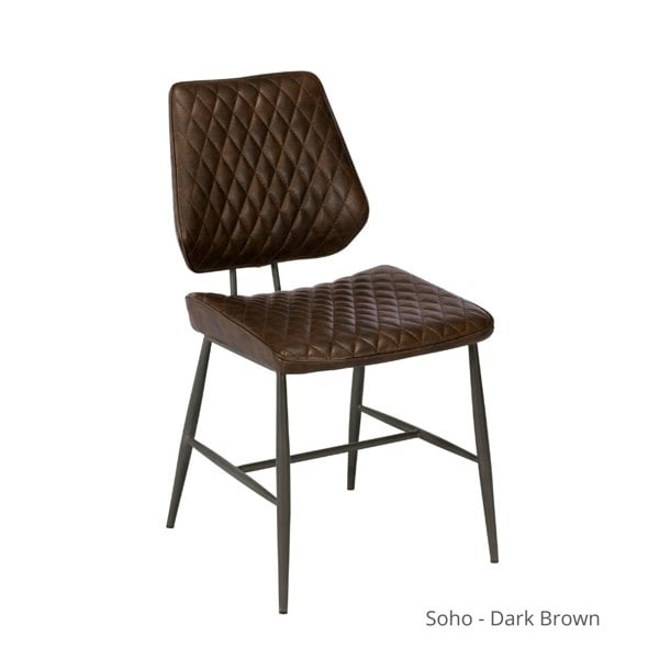 dark brown faux leather dining chair on white background