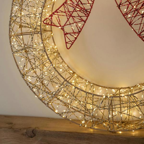 Samuel Alexander 50cm Gold Light Up Christmas Wreath with 600 Warm White LEDs, Timer & Red Bow