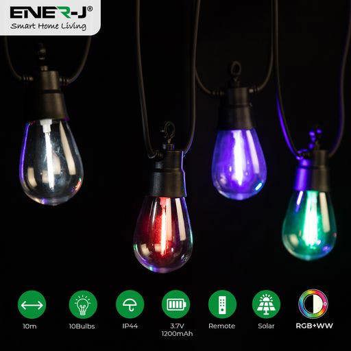 ENER-J Solar RGB+WW (2 Way) String Lights with Remote for Festive, 10 Meters, 10 lamps, IP44