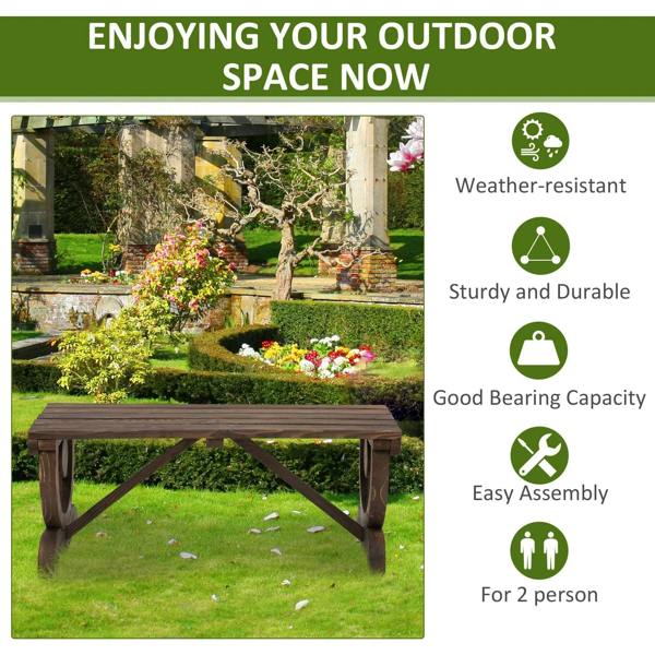 Brown wooden outdoor bench on a garden lawn with slatted seat and wheel legs