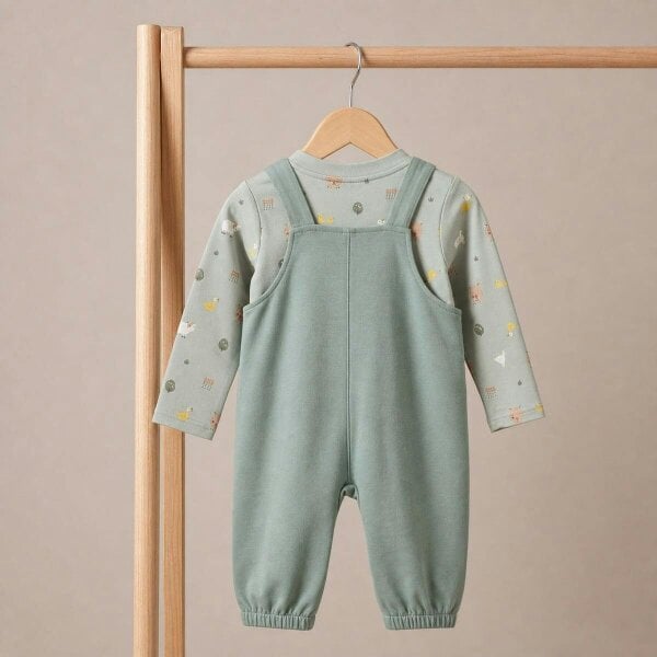 Mini Cuddles Farm Animal-Print Dungarees (Sage Green)