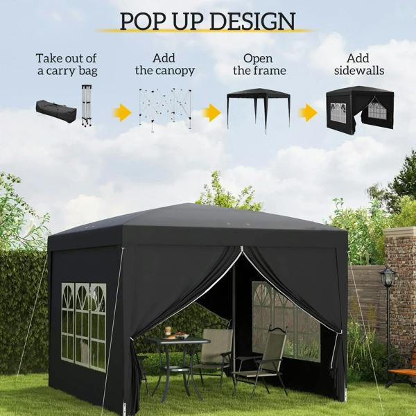 Black pop-up gazebo with pop-up frame, sidewalls, and window panels in a garden setup
