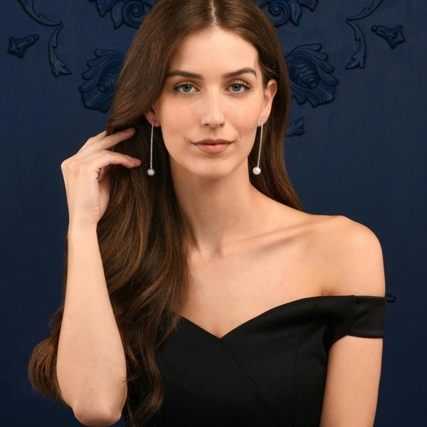 namana Silver Long Drop Earrings with Pearl and Rhinestone Chain for Women